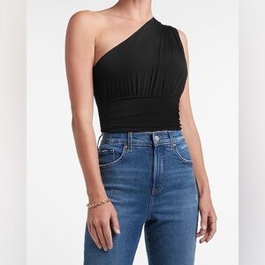 Express Body Contour Double Layer Ruched One Shoulder Thong Bodysuit in Black XS